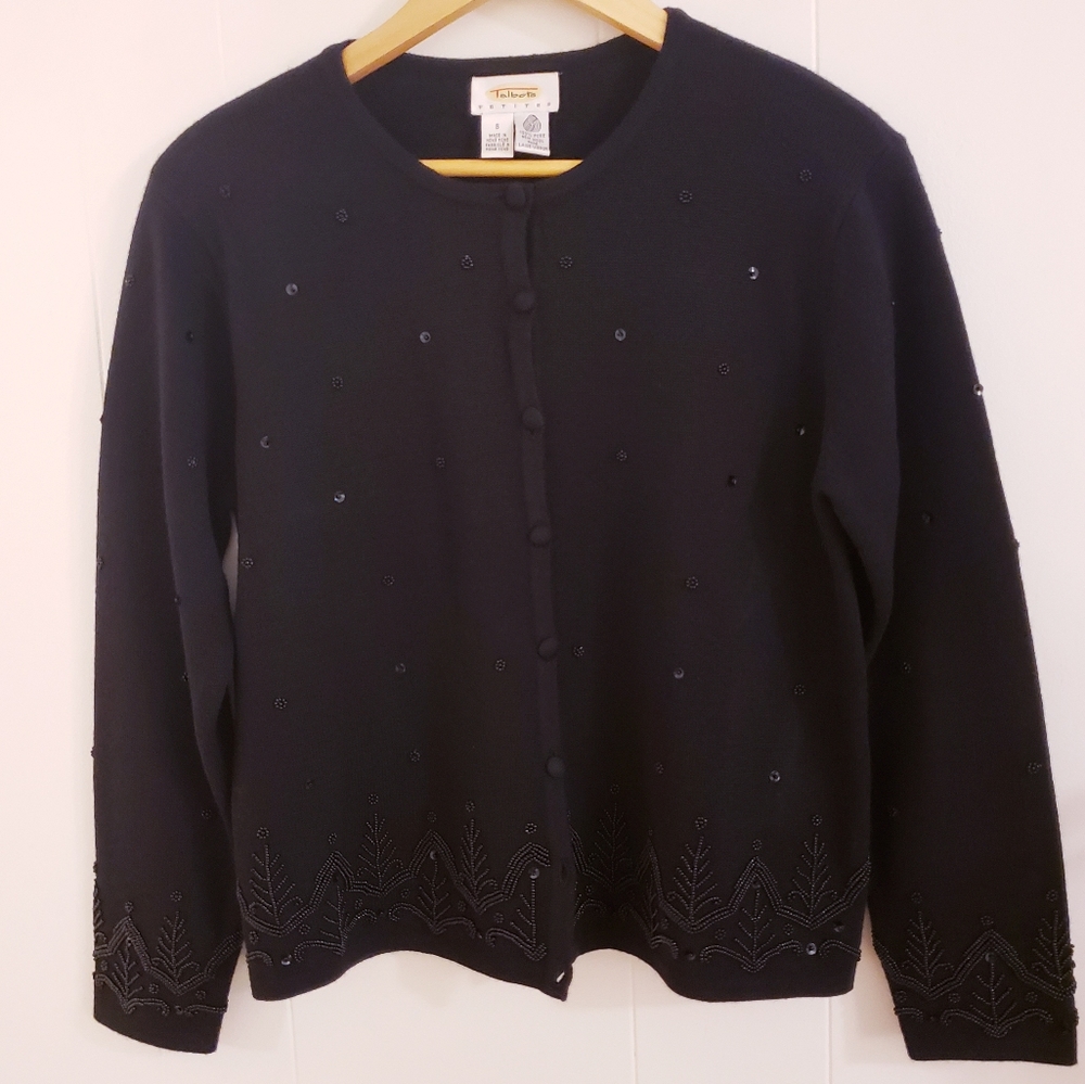 Vintage Talbots Women Sweater Petites Small Wool Black Cardigan Beads